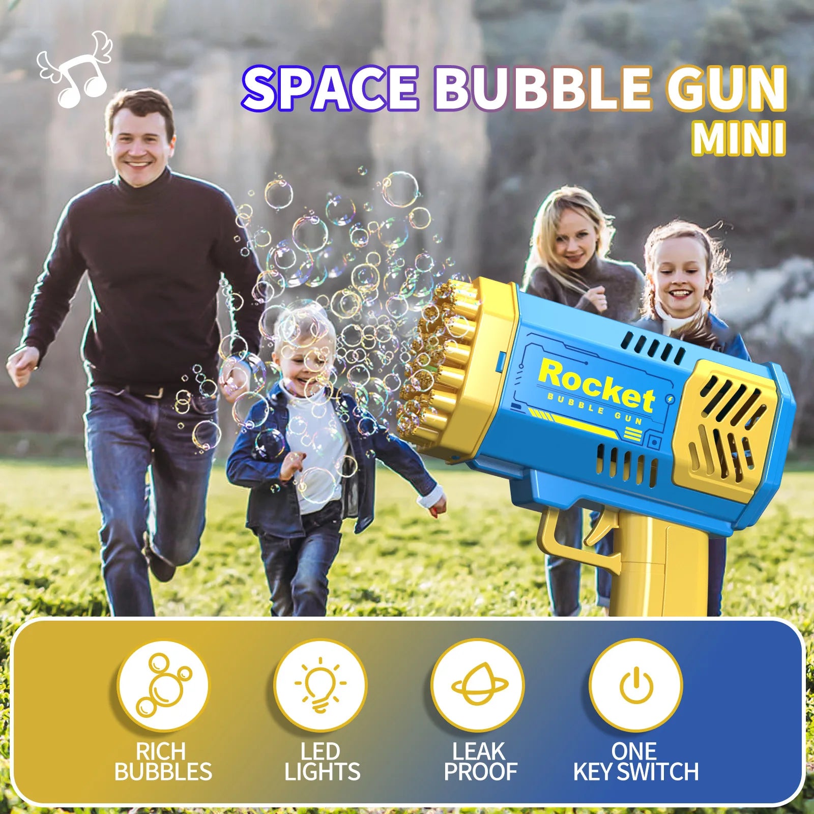 Children'S Astronaut Many Holes Rocket Launcher Handheld Portable Electric Automatic Bubble Gun LED Light for Boys and Girls ﻿